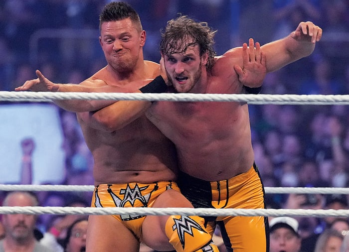 The Miz turns on his partner Logan Paul shortly after the two celebrated their victory over the Mysterios at Wrestlemania 38 at AT&T Stadium in Arlington, Texas.